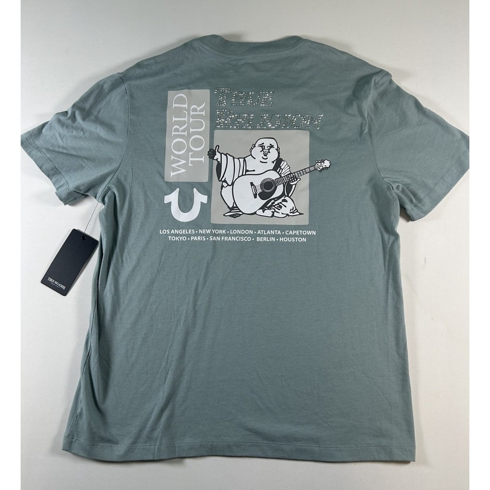 True Religion Men's Crystal Buddha T-shirt M Green Short-sleeve Rhinestone NWT